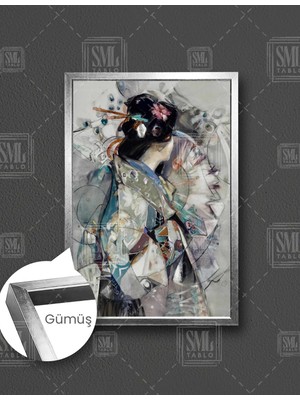 SML Tablo Sırtı Dönük Kadın Yelpaze Geyşa Art Woman Dikey Çerçeveli Kanvas Tablo