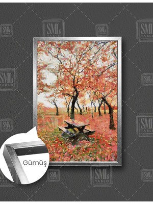 SML Tablo Sonbaharda Dökülen Yapraklar Park Doğa Manzara Dikey Çerçeveli Kanvas Tablo