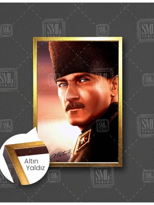 SML Tablo Mustafa Kemal Atatürk Portre Imza Dikey Çerçeveli Kanvas Tablo