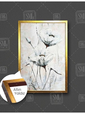 SML Tablo Ince Siyah Dallı Beyaz Çiçek Doğa Bitki Manzara Dikey Çerçeveli Kanvas Tablo