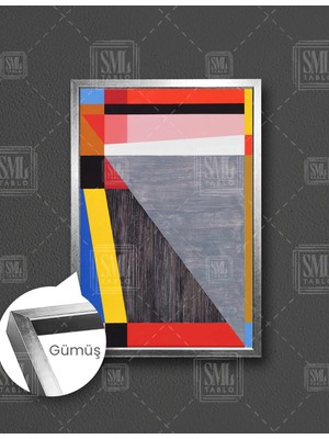 SML Tablo Iç Içe Geçmiş Sanatsal Geometrik Sarı Kırmızı Mavi Şekiller Dikey Çerçeveli Kanvas Tablo
