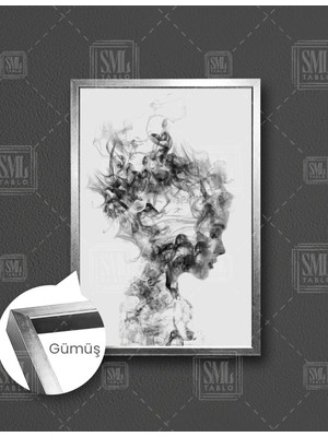 SML Tablo Duman Kadın Ilüstrasyon Woman Art Dekoratif Siyah Beyaz Dikey Çerçeveli Kanvas Tablo