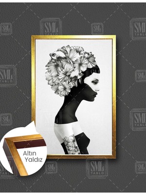 SML Tablo Çiçek Saçlı Afrikalı Siyah Tenli Kadın Dikey Çerçeveli Kanvas Tablo