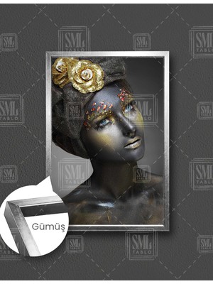 SML Tablo Kadın Model Takı Siyah Boya  Dokulu Makyaj Dikey Çerçeveli Kanvas Tablo
