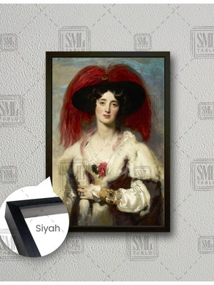 SML Tablo Thomas Lawrence Julia Lady Peel Kırmızı Tüy Şapkalı Kadın Dikey Çerçeveli Kanvas Tablo