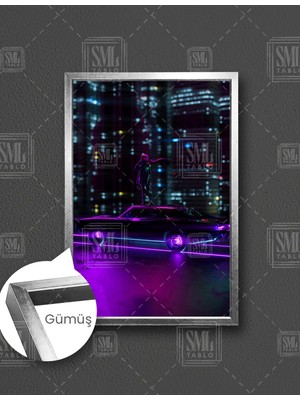 SML Tablo Neon Işıklı Araba Dijital Sanat City Şehir Gece Karanlık Kadın Eşarp Dikey Çerçeveli Kanvas Tablo