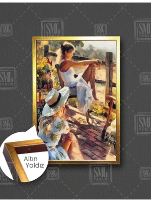 SML Tablo Doğayı Seyreden Beyaz Elbiseli Kadınlar Doğa Manzara Woman Dekoratif Dikey Çerçeveli Kanvas Tablo