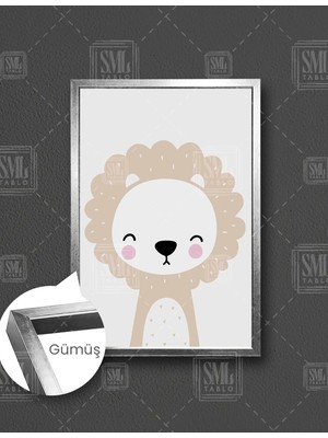 SML Tablo Gözü Kapalı Aslan Yavrusu Çizgi Film Karakteri Çocuk Odası Dekor Dikey Çerçeveli Kanvas Tablo