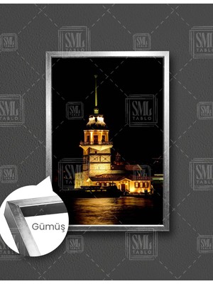 SML Tablo Kız Kulesi Gece Karanlık Manzara Istanbul Dikey Çerçeveli Kanvas Tablo