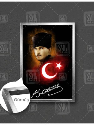 SML Tablo Mustafa Kemal Atatürk Imza Ay Yıldız Bayrak Dikey Çerçeveli Kanvas Tablo