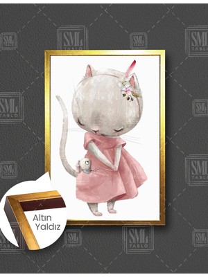 SML Tablo Fare ve Kedi Çizgi Film Karakteri Çocuk Odası Dekor Dikey Çerçeveli Kanvas Tablo