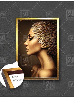 SML Tablo Altın Tüy Saçlı Doğa Kadın Model Dikey Çerçeveli Kanvas Tablo