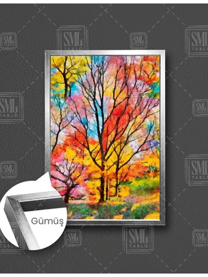 SML Tablo Rengarenk Yapraklı Ağaçlar Doğa Manzarası Dekor Art Dikey Çerçeveli Kanvas Tablo
