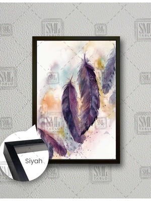 SML Tablo Kuş Tüyü Mor Renkli Pastel Renkler Dekor Dikey Çerçeveli Kanvas Tablo