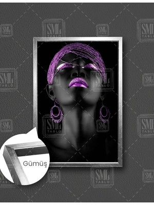 SML Tablo Afrikalı Mor Küpeli Kadın Mor Takı Dikey Çerçeveli Kanvas Tablo