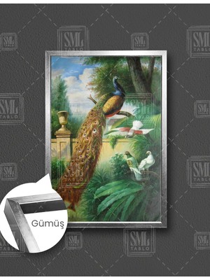 SML Tablo Dala Konmuş Tavus Kuşu Doğa Manzara Dikey Çerçeveli Kanvas Tablo