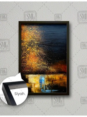 SML Tablo Gece Doğa Manzarası Yağlı Boya Efetkli Yakamoz Dikey Çerçeveli Kanvas Tablo