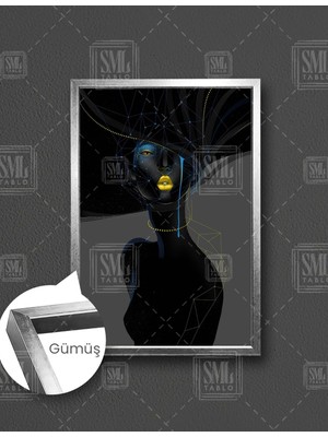 SML Tablo Dark Girl Afrikan Art Afrikalı Kadın Woman Gold Makyaj Dikey Çerçeveli Kanvas Tablo