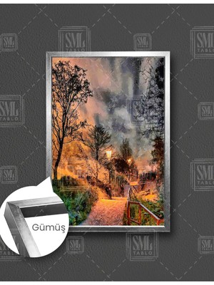 SML Tablo Gece Orman Içindeki Patika Yol Doğa Manzara Işıklar Yağlı Boya Efektli Dikey Çerçeveli Kanvas Tablo