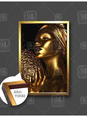 SML Tablo Afrikalı Altın Makyajlı Kadın Gold Ananas Woman Altın Kadın Dikey Çerçeveli Kanvas Tablo