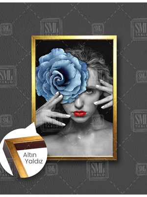 SML Tablo Kırmızı Rujlu Mavi Gül Kadın Model Makyaj Çiçek Dikey Çerçeveli Kanvas Tablo