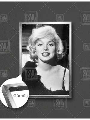 SML Tablo Marilyn Monroe Siyah Beyaz Fotoğraf Siyah Elbise Dikey Çerçeveli Kanvas Tablo