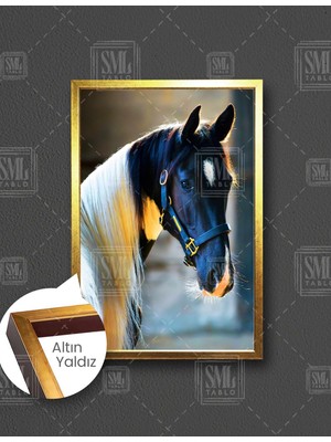 SML Tablo Beyaz Yeleli Siyah At Asalet Dekor Hayvan Dikey Çerçeveli Kanvas Tablo