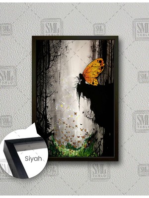 SML Tablo Kelebek Kadın Uçuşan Kelebekler Gece Doğa Orman Manzarası Dikey Çerçeveli Kanvas Tablo