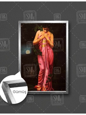 SML Tablo Ormandaki Kadın Meditasyon Ay Işığı Altın Detaylı Pembe Elbise Doğa Dikey Çerçeveli Kanvas Tablo