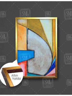 SML Tablo Geometrik Sarı Mavi Kırmızı Oval Renkli Dokular Abstract Şekiller Dikey Çerçeveli Kanvas Tablo