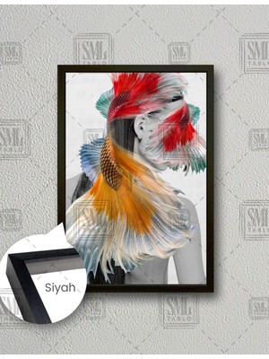SML Tablo Balık Saçlı Kadın Model Renkli Dikey Çerçeveli Kanvas Tablo