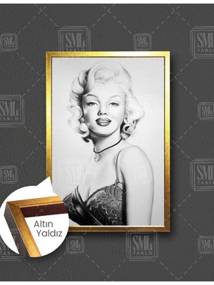 SML Tablo Marilyn Monroe Gülücük Kadın Kara Kalem Efekt Dikey Çerçeveli Kanvas Tablo