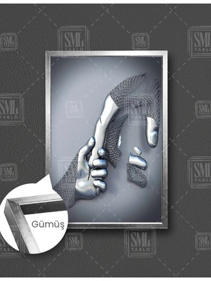 SML Tablo Metal Zincir Birbirini Tutan Demir Eller Love Gümüş Lüks Dekor Dikey Çerçeveli Kanvas Tablo