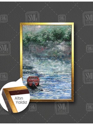 SML Tablo Kıyıda Bağlı Duran Kırmızı Sandal Doğa Manzara Sahil Dekoratif Dikey Çerçeveli Kanvas Tablo