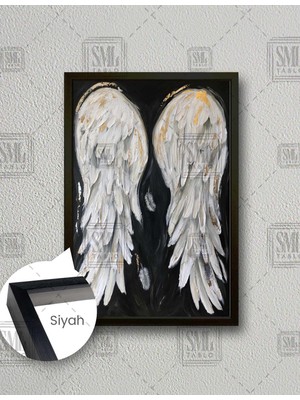 SML Tablo Beyaz Melek Kanatları Gold Yağlı Boya Efektli Dikey Çerçeveli Kanvas Tablo
