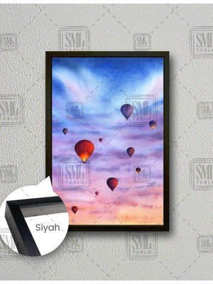 SML Tablo Uçan Renkli Balonlar Sulu Boya Efektli Manzara Kapadokya Nevşehir Art Dikey Çerçeveli Kanvas Tablo