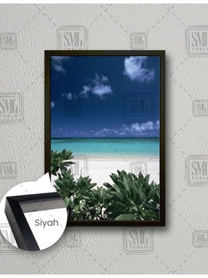 SML Tablo Sahil Deniz Manzara Kumsal Yeşil Doğa Gökyüzü Dikey Çerçeveli Kanvas Tablo