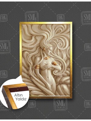 SML Tablo 3D Kabartma Mermer Kadın Altın Takı Dikey Çerçeveli Kanvas Tablo