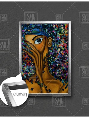 SML Tablo Bir Gözü Kapalı Afrikalı  Kadın Art Woman Dekoratif Dikey Çerçeveli Kanvas Tablo