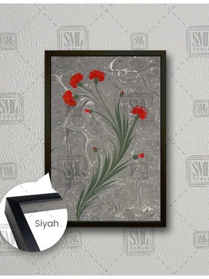 SML Tablo Ebru Sanatı Efektli Çiçek Dikey Çerçeveli Kanvas Tablo