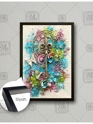 SML Tablo 3D Efektli Anahtar Çiçek Kelebek Renkli Mermer Dikey Çerçeveli Kanvas Tablo