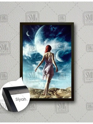 SML Tablo Kızıl Saçlı Kadın Dünya Uzay Cosmos Dikey Çerçeveli Kanvas Tablo