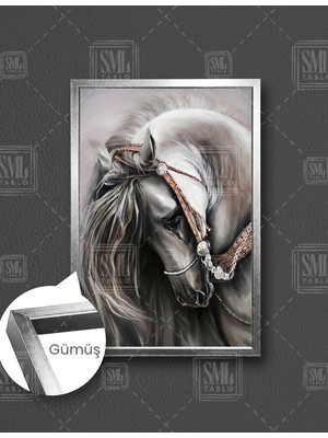 SML Tablo Boynunu Bükmüş Beyaz At Asalet Hayvan Dekor Dikey Çerçeveli Kanvas Tablo
