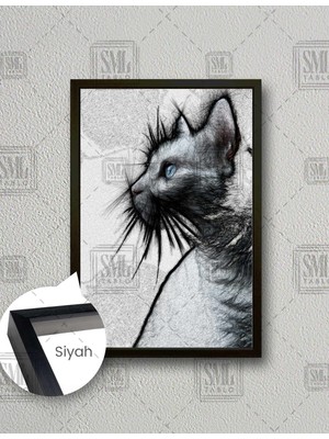 SML Tablo Çizgesel Mavi Gözlü Siyah Kedi Art Çizim Dikey Çerçeveli Kanvas Tablo
