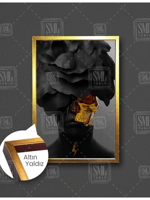 SML Tablo Çiçek Kafalı Kurukafa Altın Gold Dekoratif Dikey Çerçeveli Kanvas Tablo