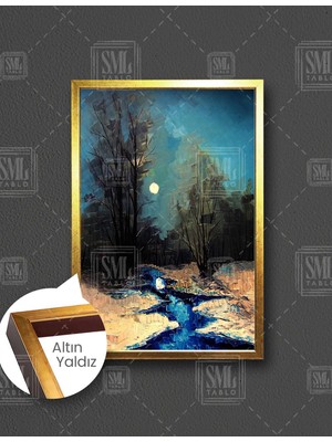 SML Tablo Gece Ay Işığı Altında Manzara Akarsu Yakamoz Doğa Yağlı Boya Efektli Dikey Çerçeveli Kanvas Tablo
