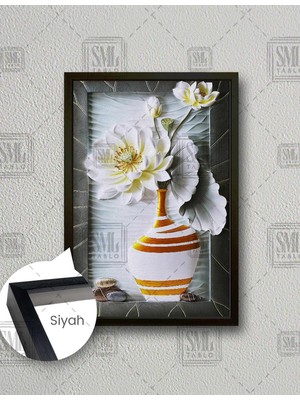 SML Tablo Altın Desenli Vazodaki Beyaz Çiçek Modern Dekoratif Dikey Çerçeveli Kanvas Tablo