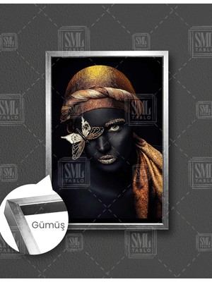 SML Tablo Afrikalı Model Gold Kelebek Gözlü Eşarplı Kadın Dikey Çerçeveli Kanvas Tablo