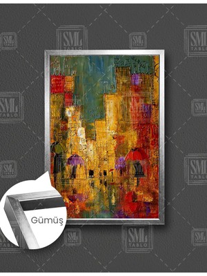 SML Tablo Soyut Şehir Manzara Yağmur Şemsiyeli Insalar Dikey Çerçeveli Kanvas Tablo