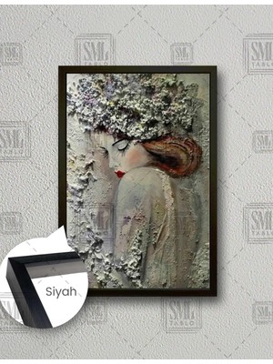 SML Tablo Gözleri Kapalı Kırmızı Rujlu Kadın Art Woman Dikey Çerçeveli Kanvas Tablo